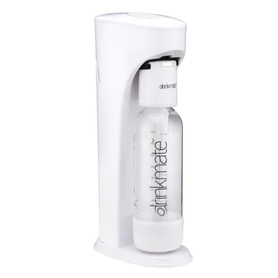 A white Drinkmate carbonated water maker with a clear bottle inserted.