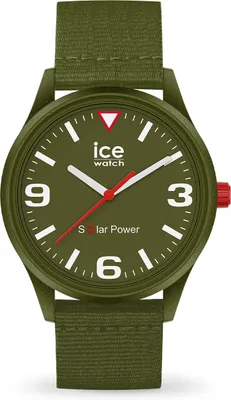 A close-up studio shot of an Ice-Watch analog watch with a green dial and strap.