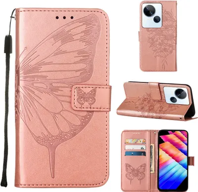 Produktbild von Lederhülle für Tecno Spark 10 5G Schmetterling Prägung Flip Ledertasche Kartenfächer Handyhülle mit Ständer Pink