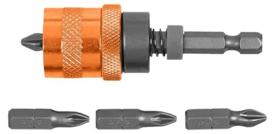 Obrázok produktu pre Sada 5 kusov magnetických bitov 1/4" – 65 mm. Drážkovaný držiak bitov s bitmi PH2 a PZ2