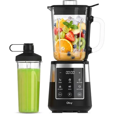 Productafbeelding van Olvy staafmixer, 1,5 liter glazen kan met 600 ml Tritan-beker, mixer met touchscreen, pulsefunctie en automatische reiniging, geschikt voor smoothies en het vermalen van ijs