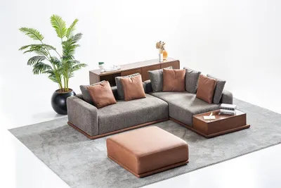Produktbild von Wohnzimmer Sitzgarnitur Graues L-Form Sofa Brauner Hocker Luxus Möbel