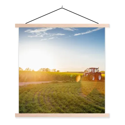 Produktbild von MuchoWow® Textilposter Traktor - Gras - Sonnenuntergang 40x40 cm mit holzfarbenen Rahmen - Posterleiste