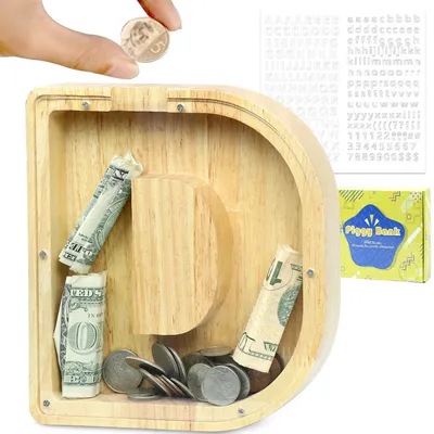 Produktbild von Personalisierte Spardose aus Holz mit AZ-Buchstabenverzierung, kreative große Spardose als Geschenk für Geburtstage, Weihnachten und Thanksgiving (D)