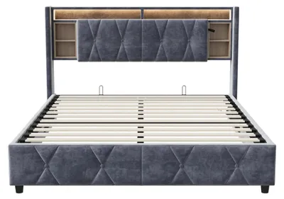 Produktbild von Stauraumbett - Doppelbett 160×200 cm - LED-Beleuchtung - Kopfteil mit Stauraum - Lattenrost inklusive - Holzrahmen - Dunkelgrau