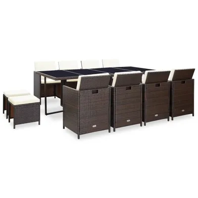 Produktbild von 13-tlg. Garten-Essgruppe mit Auflagen Poly Rattan Braun