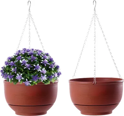 Immagine prodotto di 2PCS. Vasi di fiori appesi con vassoio rimovibile, cesto di fiori auto-assorbente in plastica per piante appese, decorazione da giardino per interni, rosso mattone, diametro 23 cm
