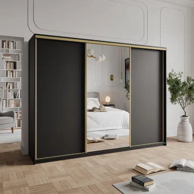 Produktbild von Masseno Schiebetürenschrank TAVI 250/205/60 cm Kleiderschrank mit 4 Schubladen Schlafzimmer Schrank 3-türig mit Spiegel Schwarz