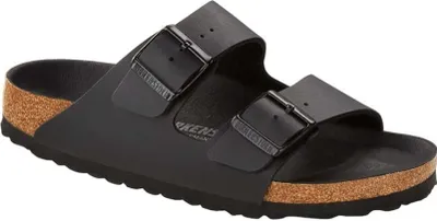 A black Birkenstock Arizona sandal is shown from a side-angle on a white background.