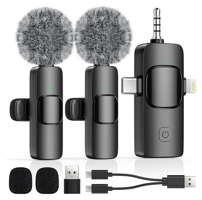 Produktbild von 4-in-1 Mini kabelloses Krawattenmikrofon, geeignet für alle Geräte (iOS, Android, Kamera, PC mit Geräuschunterdrückung Reversmikrofon für Aufnahme
