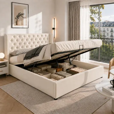 Immagine prodotto di Letto imbottito 140 x 200 cm, con contenitore a sollevamento idraulico, illuminazione a LED, rete a doghe, rivestimento in velluto, color beige, Immagine generata dall'IA