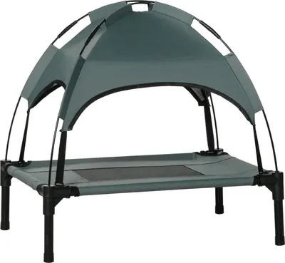 Produktbild von Hundeliege Outdoor Mit Dach Erhöhtes Haustierbett Mit Baldachin, Atmungsaktiver Taftstoff, Grau, 61X46X62Cm