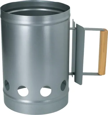 Produktbild von Kohleanzünder, Anzündkamin für Kohle oder Briketts für Grill oder Feuerkorb etc. aus verzinktem Stahlblech mit Hitzeschutz sowie hitzebeständigem Holzgriff
