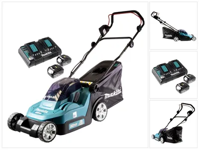 A collage of images showing a cordless lawnmower and its accessories.