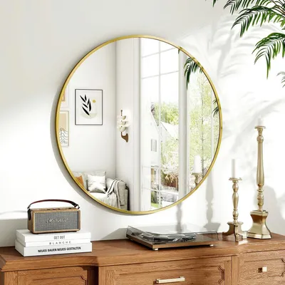 Immagine prodotto di Specchio da parete rotondo, diametro 70 cm, con cornice in metallo dorata, ideale per il bagno o come specchio da trucco. Montaggio a parete. Realizzato in lega di alluminio con vetro da 3 mm, resistente agli urti