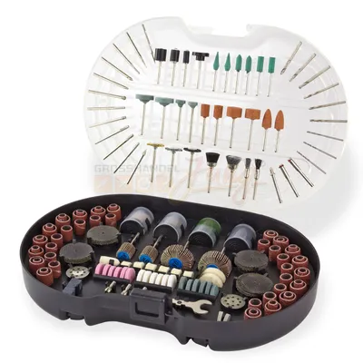 A set of accessories for a mini grinder is displayed in a black case, with the lid open showing more accessories.