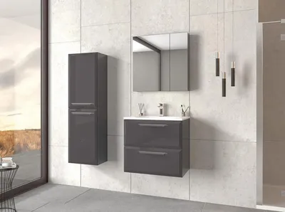 Image de Orka | Ensemble de Meubles de Salle de Bains - 80 cm - Anthracite Brillant - Avec Miroir Et Lavabo - Moderne Et Fonctionnel - Fermeture Silencieuse
