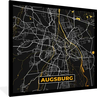Produktbild von MuchoWow® Gerahmtes Poster Augsburg - Stadtplan - Karte - Deutschland - Gold 40x40 cm - Poster mit Schwarzem Bilderrahmen Wandposter Rahmen Foto Bilder - Mit Rahmen - Wanddekoration Schlafzimmer
