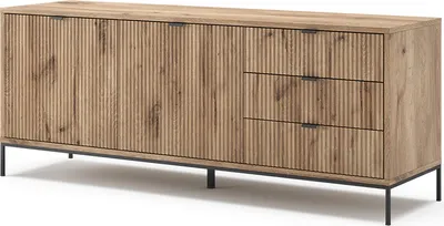 A lowboard with three drawers and two doors, made of wood with a ribbed texture, on a black metal frame.