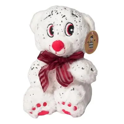 Produktbild von Teddybär Kuscheltier Weiß mit silbernen Glitzerflecken & roter Schleife Plüschbär Kuscheltier 19cm