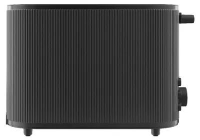 A black toaster with a ribbed texture is shown from the side.