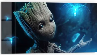 Produktbild von DEQORI Küchenrückwand Glas 80x40 cm 'Niedlicher Baby Groot' Spritzschutz Bad Rückwand
