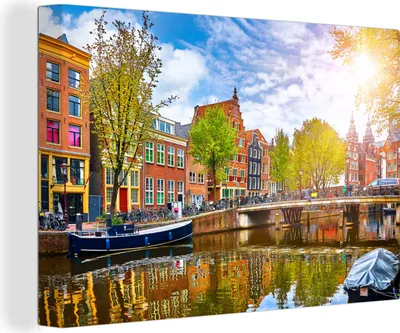 Produktbild von OneMillionCanvasses® - Leinwandbilder - 150x100 cm, Kanal - Amsterdam - Frühling, Wandbilder Kunstdruck Wanddekoration