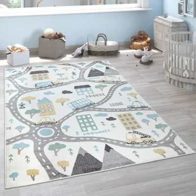 Produktbild von Kinderteppich Teppich Kinderzimmer Spielteppich Pastell Autos Creme Petrol Grau Grösse 80x150 cm