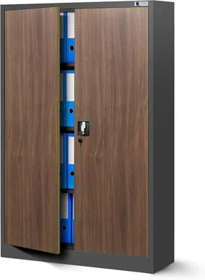 Aktenschrank Metall 3 Böden Flügeltüren 140x90x40 cm Anthrazit/Holzoptik