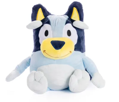 A plush toy of the character Bluey sitting down against a white background.