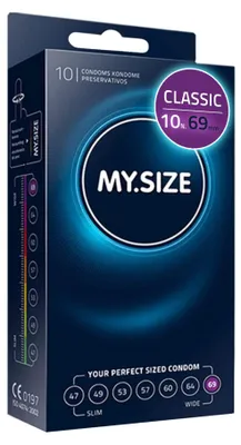 Zdjęcie produktu dla Prezerwatywy MY.SIZE Classic rozmiar 7 | szerokość 69 mm | opakowanie standardowe 10 sztuk | bardzo cienkie | naturalne wrażenia dotykowe | cienka ścianka o grubości 0,07 mm
