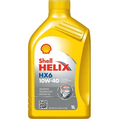 A bottle of Shell Helix HX6 10W-40 synthetic motor oil.