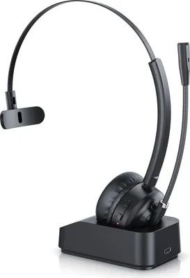 A black wireless headset with a microphone and charging station, presented against a white background.