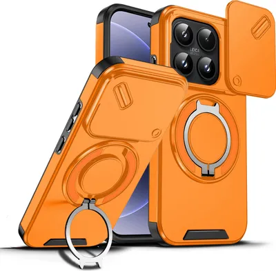 Immagine prodotto di Custodia a doppio strato per Xiaomi 17, con copertura scorrevole per fotocamera e supporto magnetico ad anello Arancione