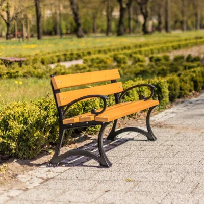 Produktbild von REKORD Kinderbank BALBINA Sichere Parkbank für Kinder Holz & Gusseisen 100 x 39,5 x 54 cm Wetterfest Teak