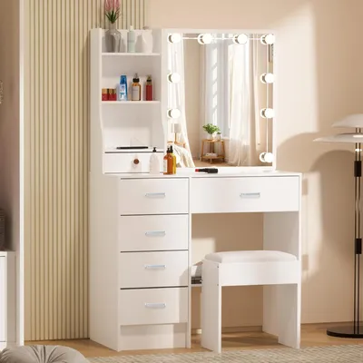 Image de Coiffeuse avec éclairage et tabouret blanc 80x34x130cm