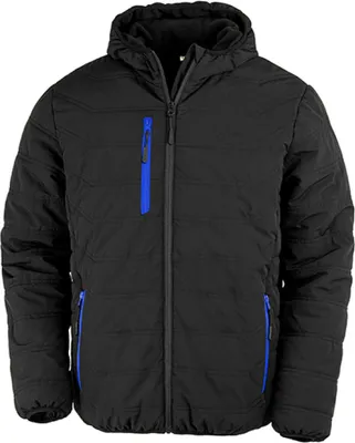 A black padded winter jacket with blue accents, shown front-on against a white background.