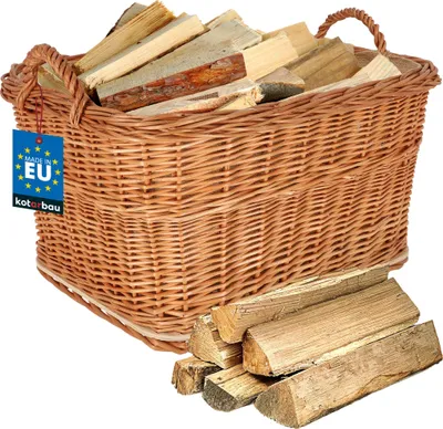 A wicker basket filled with firewood, with a pile of firewood in front of it.