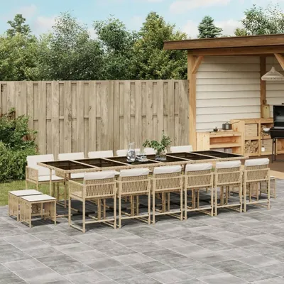 Produktbild von 17-tlg. Garten-Essgruppe mit Kissen Beige Poly Rattan, Gartenmöbel-Sets 2024 Neu