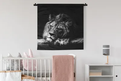 Produktbild von MuchoWow® Wandteppich Wandbehang Löwe - Baum - Schlaf - Schwarz - Weiß 90x90 cm Tapisserie Dekoration Wandtuch - Wandaufhänger
