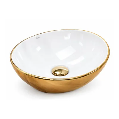 Imagen del producto de VBChome, lavabo de cerámica oval, color blanco dorado, dimensiones 41 x 33 x 13 cm, ideal para baños de invitados