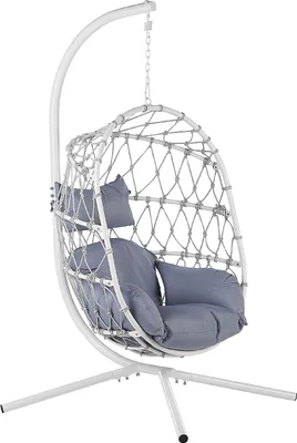 Produktbild von BELIANI Hängesessel Weiß Flechtseil mit Gestell aus Stahl inkl. Kissen Grau Boho Stil Outdoor Indoor Garten Terrasse Balkon Außenbereich