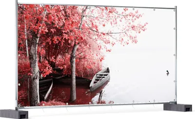 Produktbild von Wallario XXL Outdoor-Poster für Garten oder Balkon, Motiv Romantische Bootsanlegestelle in rot-weiß, in ca. 340 x 173 cm