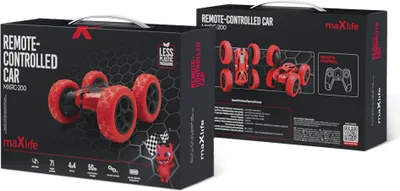 Two boxes of a red remote-controlled car are shown, one in the foreground and one in the background.