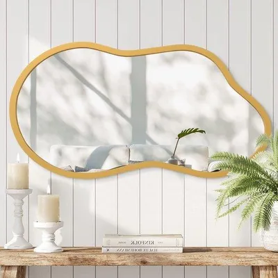 Produktbild von Goldener asymmetrischer Spiegel mit Holzrahmen für Wanddekoration im Schlafzimmer, Wohnzimmer und Bad