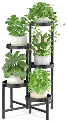 Productafbeelding van Metalen plantenstandaard met 5 niveaus, bloempotstandaard, meerlaags plantenrek, bloemenrek, plantenrek voor in de hoek, geschikt voor woonkamer, balkon, terras, tuin (rond, zwart)