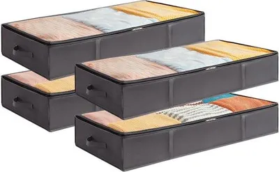 Produktbild von Famanu Aufbewahrungsboxen für unter das Bett 4er Set, große Kapazität mit verstärktem Griff, ideal für Kleidung, Decken, Handtücher, grau