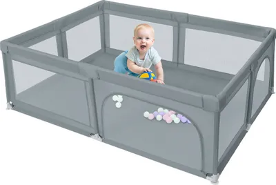 Produktbild von Baby Laufgitter Faltbar,Rutschfester Absperrgitter mit Atmungsaktive Netz,Große Sicherheitsspielplatz 205x147x66cm Dunkelgrau