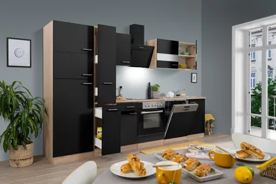 Produktbild von Küche Küchenzeile Küchenblock Einbauküche Eiche Schwarz Merle 310 cm Respekta