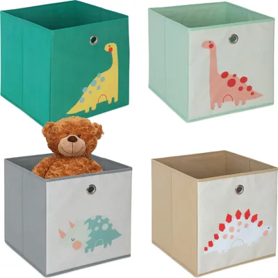 Produktbild von Relaxdays 4er Set, Kinder Aufbewahrungsboxen, süße Dino-Motive, Faltbox für Würfelregale, HBT: 30x30x30 cm, Textil, bunt